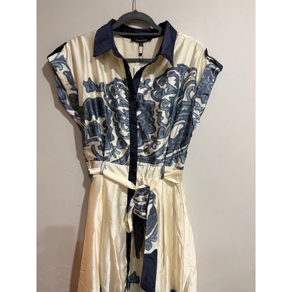 Cream and Blue Printed Midi Shirt Dress with Tie Waist - Picture 5 of 7